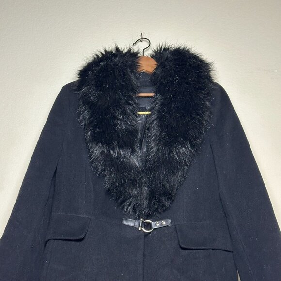 Ivanka Trump Peacoat Jacket Women 12 Black Outerwear Faux Fur Trim Belted Wool - Picture 3 of 16